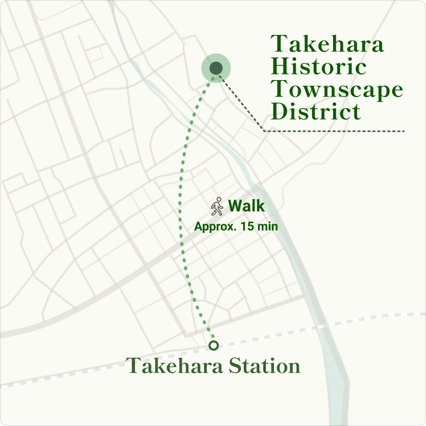 City map showing the route from Takehara Station to the Takehara Townscape Preservation District, about a 15-minute walk.