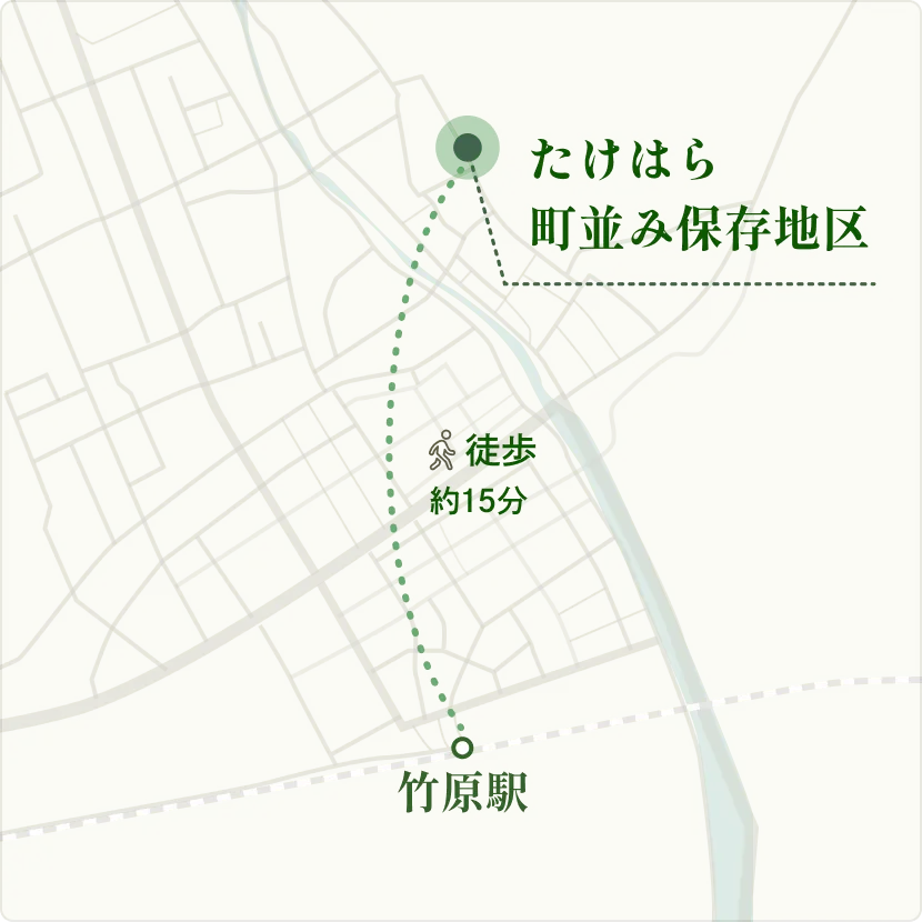 竹原駅から「たけはら町並み保存地区」まで、徒歩約15分の経路を示す市街地マップ。