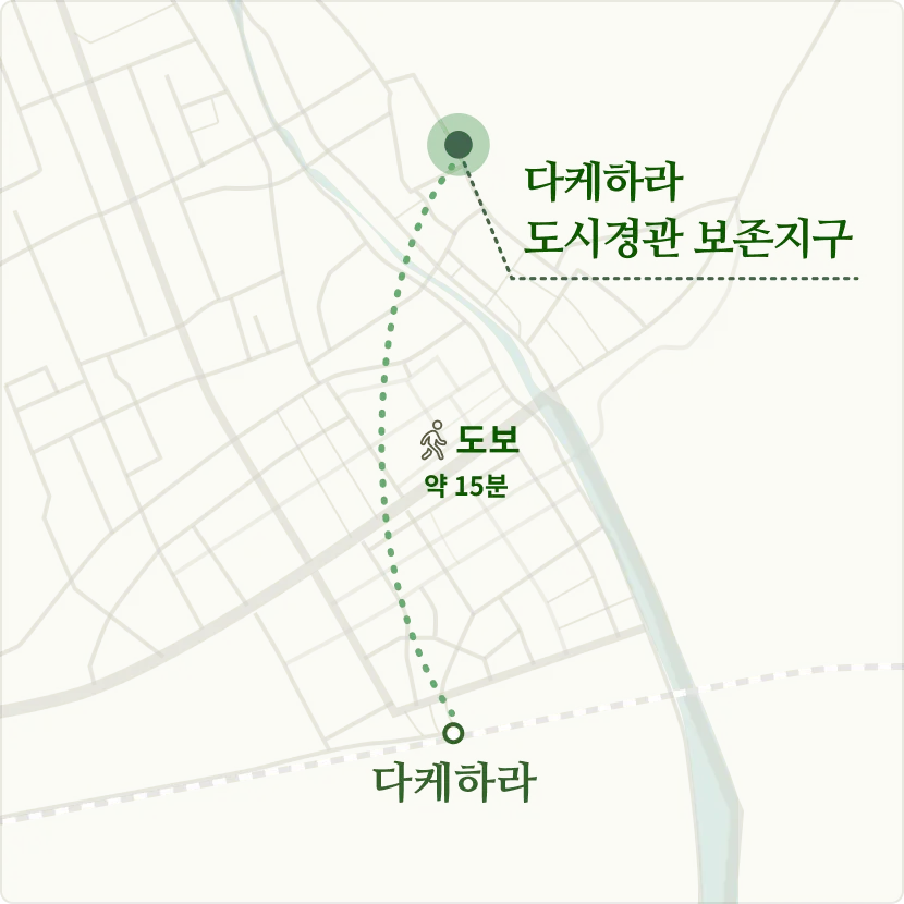 다케하라역에서 ‘다케하라 거리 보존지구’까지 도보 약 15분의 경로를 보여주는 시가지 지도.