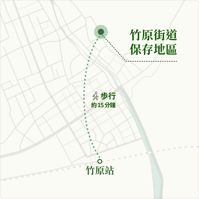市區地圖：從竹原站步行約 15 分鐘至「竹原町並保存地區」的路線。