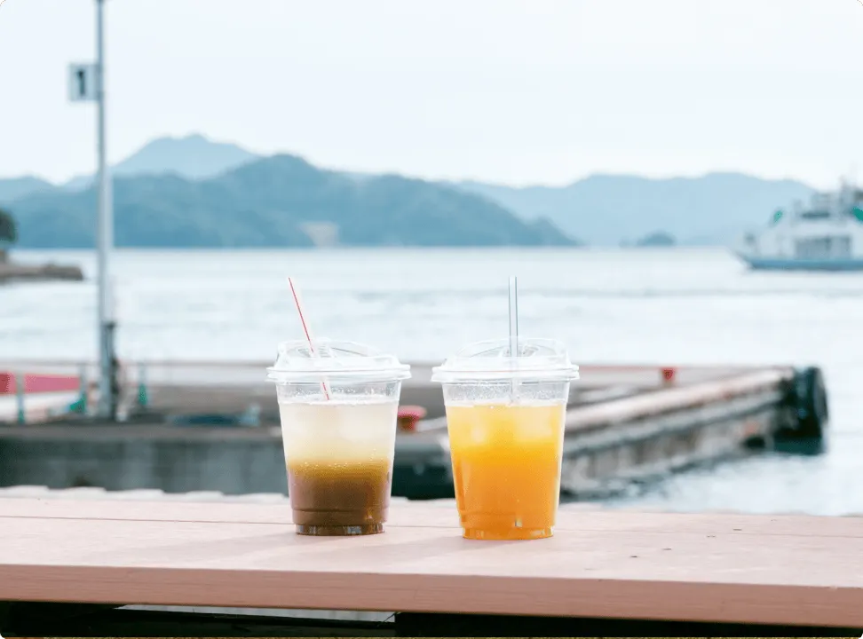 Two types of fruit juice with straws lined up on a seaside counter