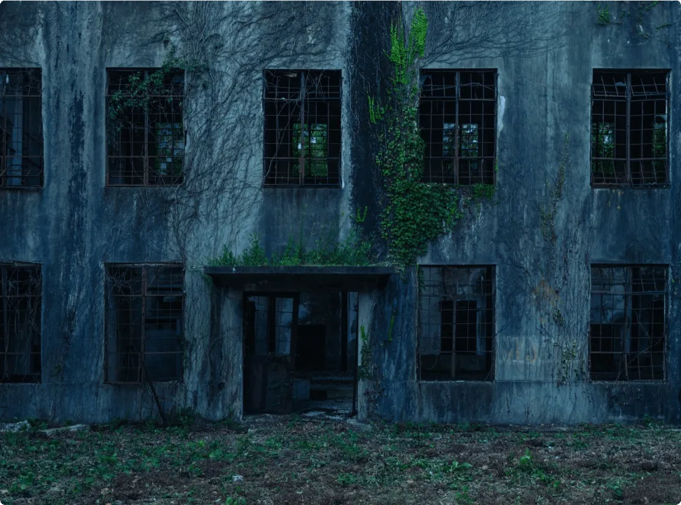 울타리 너머로 보이는, 창문이 처참하게 열린 채 방치된 3층 발전소 터의 뒷모습