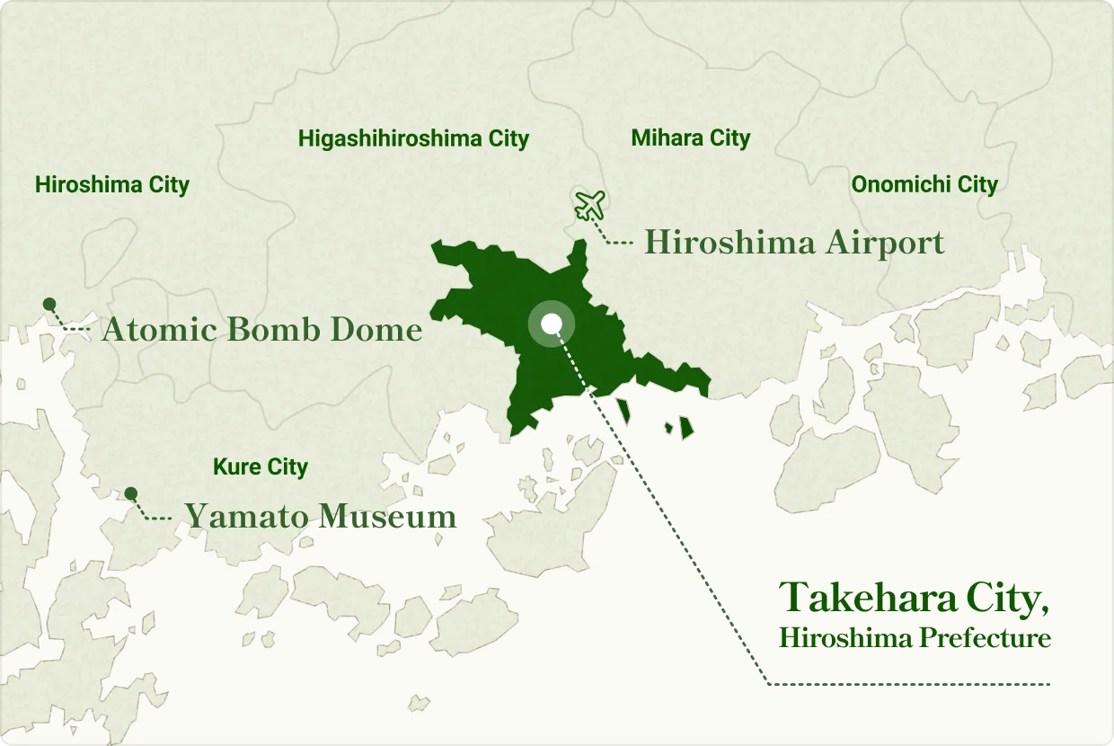 A map of Hiroshima Prefecture. Takehara City, located in the center, is highlighted in dark green, showing its position relative to major nearby spots (Atomic Bomb Dome, Yamato Museum, Onomichi, and Shimanami Kaido).