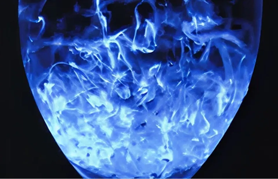 어둠 속에서 선명한 파란색으로 발광하는 바다반딧불이의 모습. 용기 같은 것 안에서 작은 빛의 입자가 일렁이며 환상적인 푸른 광채를 내뿜고 있다.