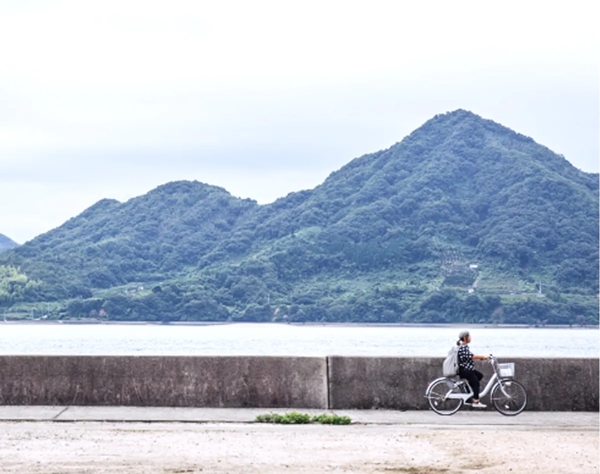 以平靜的海與雄偉翠綠的群山為背景，一名人物沿著防波堤旁的道路向右騎行。身穿格紋服裝、背著背包，神情放鬆地享受騎乘。景色傳達出大自然的豐饒與開闊感。