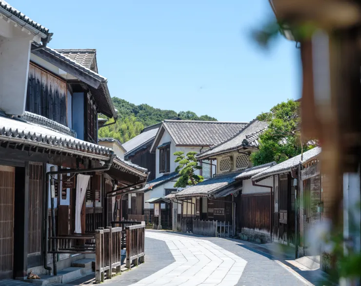 白牆與瓦屋頂優美的日本傳統民宅林立於寧靜街道。石板路向深處延伸，在藍天下展開沉穩、令人感受歷史的景觀。