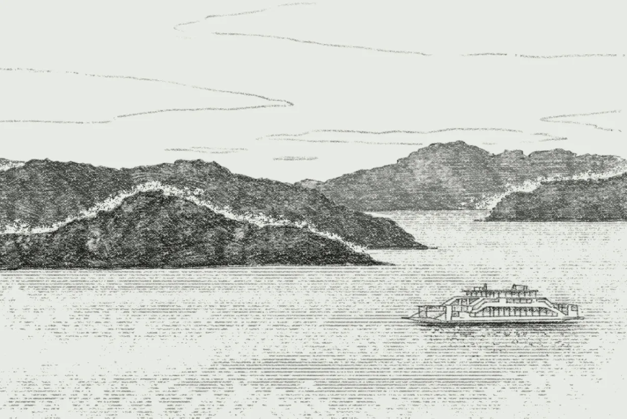 세토 내해의 섬들 사이를 항해하는 페리를 섬세한 터치로 표현한 펜화풍 일러스트