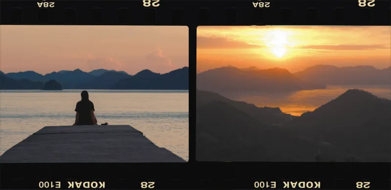 底片造型的邊框中，呈現人物在海邊眺望夕陽與瀨戶內海的黃昏美景